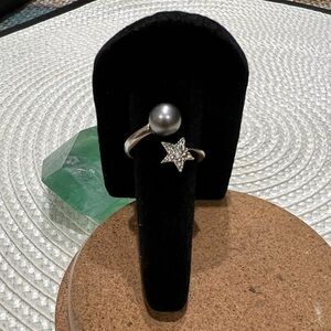 Genuine Diamond Star n Genuine Tahitian Pearl .925 Silver Adjustable Ring
